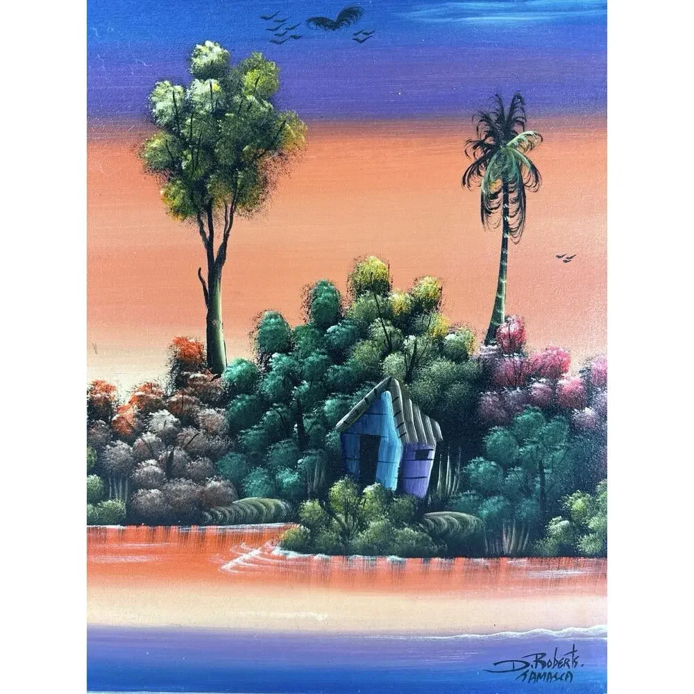 D. Roberts Jamaica Original Oil Painting Tropical Sunset Island Palm Trees 20x15 - Picture 4 of 6